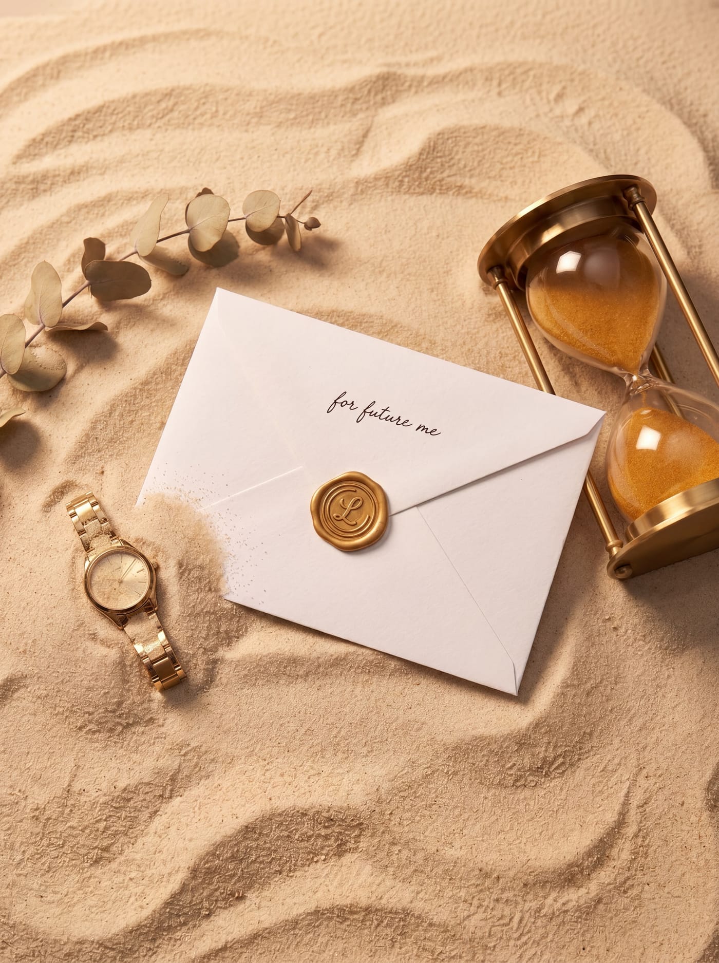An envelope labeled 'for future me' resting in sand beside a gold watch and hourglass